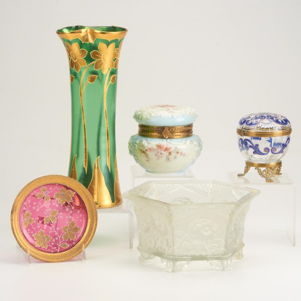 ART GLASS: Five pieces: Verlys bowl, Austrian vase, enameled dresser bowl, Wavecrest jewelry casket, and Moser trinket dish, 19th/20th c.; Most marked or signed; Vase: 11"