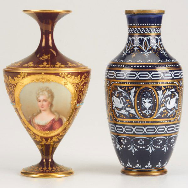 ROYAL VIENNA; KPM: Two gilt and enameled porcelain vases, 19th c., Royal Vienna vase with portrait of Madame Pompadour; Both marked; Tallest: 6 3/4"