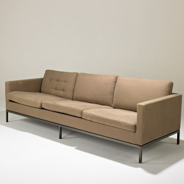 FLORENCE KNOLL; KNOLL ASSOCIATES: Three-seat sofa, USA, 1960s; Bronze patinated metal and upholstery; Unmarked; 28" x 90" x 35"
