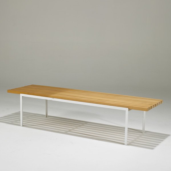 FLORENCE KNOLL; KNOLL ASSOCIATES: Slat bench, USA, 1950s; Enameled iron and ash; Paper label; 15 1/2" x 66" x 19 1/2"