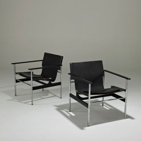 CHARLES POLLOCK; KNOLL ASSOCIATES: Pair of lounge chairs, USA, 1960s; Chromed and enameled steel, leather and plastic; Manufacturer's label; Each: 28 1/2" x 25" x 26"