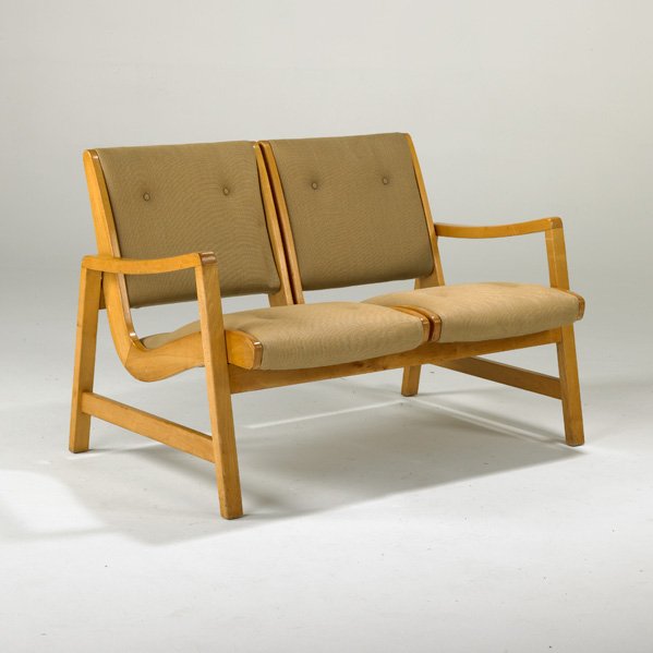 JENS RISOM; KNOLL ASSOCIATES: Two-seat sofa, USA, 1950s; Birch and upholstery; Unmarked; 29 1/2" x 49 1/2" x 28"