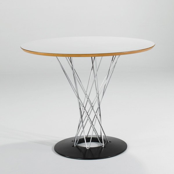 ISAMU NOGUCHI; KNOLL ASSOCIATES: Cyclone dining table, USA, 1950s; Chromed steel, enameled metal, laminate and plywood; Knoll Associates paper label; 29" x 36" dia
