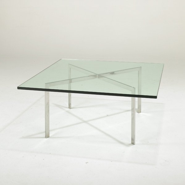 LUDWIG MIES VAN DER ROHE; KNOLL INTERNATIONAL: Barcelona coffee table, USA, 1960s; Chromed steel and glass; Stamped KP; 17" x 40" sq.