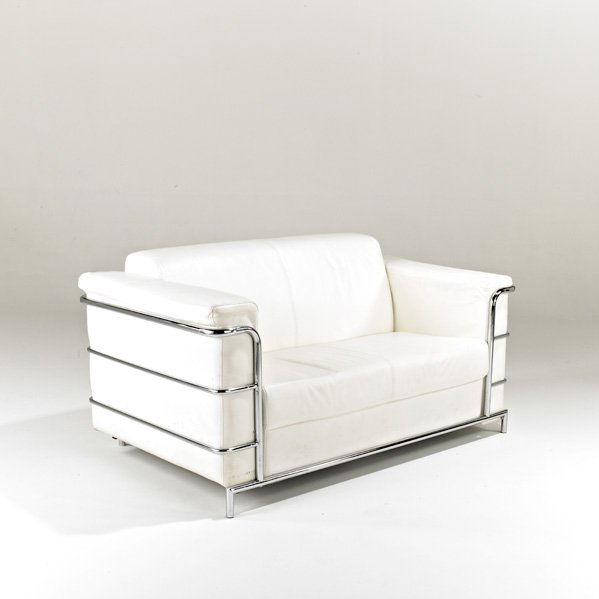 STYLE OF LE CORBUSIER: Settee, ca 2000; Chromed steel and leather; Unmarked; 30" x 60 1/2" x 35"
