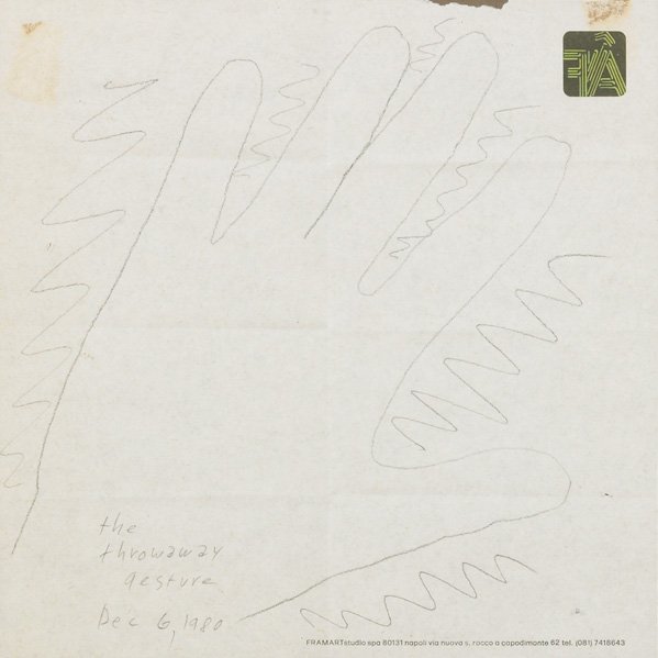 RAY JOHNSON (American, 1927-1995): Pencil on paper of a hand silhouette; "the throwaway gesture," 1980; Titled and dated; 8 1/8" x 8 1/8" (sheet)