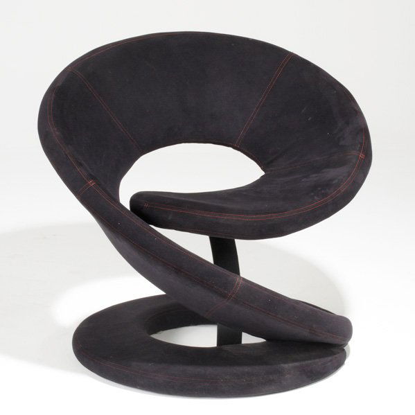 JAYMAR: Louis Durot style spiral chair, Canada, 1960s; Black suede with red stitching; Label;