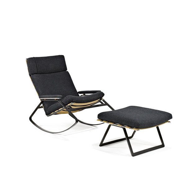 WILLIAM PLUNKETT: Rocking chair and ottoman, England, 1970s; Polished aluminum, wool and plastic coated metal; Marked; Rocker: 33" x 27" x 35", ottoman: 14" 21 1/2" x 23"