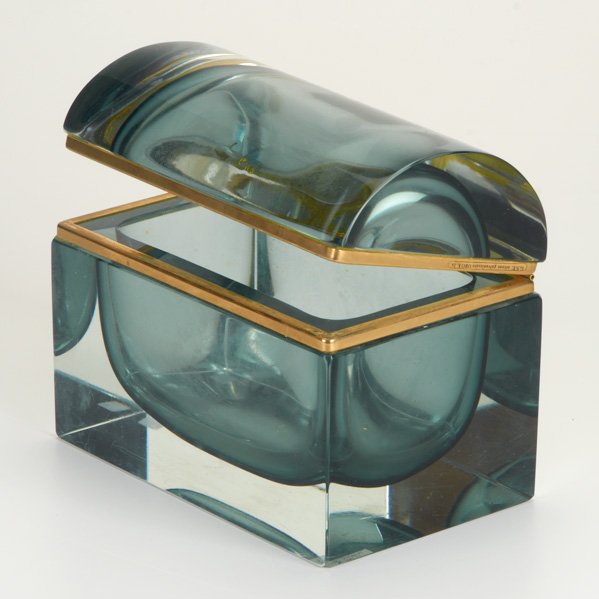 ITALIAN: Cased glass casket, 1970s; Rim marked G.S.E. ottone galvanizzato ORO K 24; 6" x 7 1/4" x 4 1/2"
