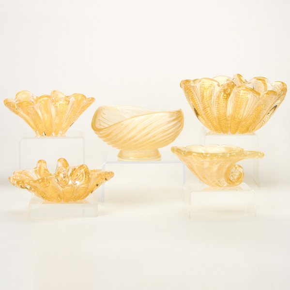 MURANO GLASS: Five glass vessels with cased gold foil: Three bowls, ashtray, and vase; Unmarked; Largest: 5" x 10"