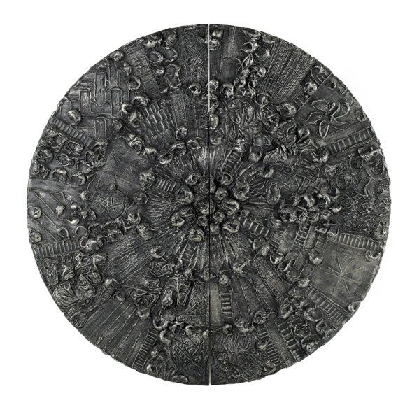 STYLE OF PAUL EVANS: Sculpted metal cabinet, 1960s; Composite and wood; Unmarked; 14" x 48" dia.