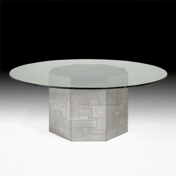 PAUL EVANS: Cityscape dining table, USA, 1970s; Chromed steel, glass; Signed; 28 3/4" x 78" dia.