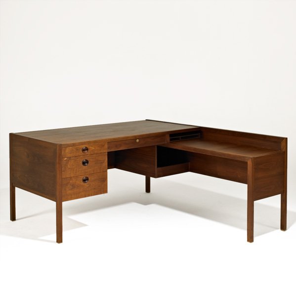 EDWARD WORMLEY; DUNBAR: Walnut executive desk, Berne, IN, 1950s; Brass tag; Overall; 29" x 60" x 66 1/2"