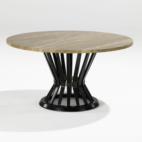 EDWARD WORMLEY; DUNBAR: Sheaf of Wheat coffee table, Berne, IN, 1950s; Carrera marble, stained mahogany; Brass Dunbar tag, marble marked made in Italy; 20" x 38"