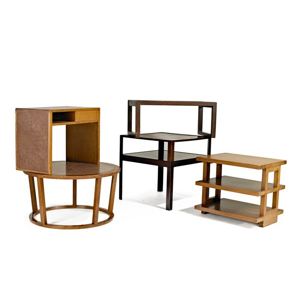 EDWARD WORMLEY; DUNBAR: Five pieces: circular coffee table, sofa table and three occasional tables, Berne, IN, 1940s; Bleached mahogany, walnut and tooled leather; Most marked; Coffee table: 18" x 43" dia.