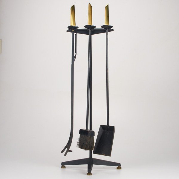 DONALD DESKEY; BENNETT: Three-piece fire tool set, USA, 1950s; Enameled metal and brass; Unmarked; Overall: 34" x 13" x 7"