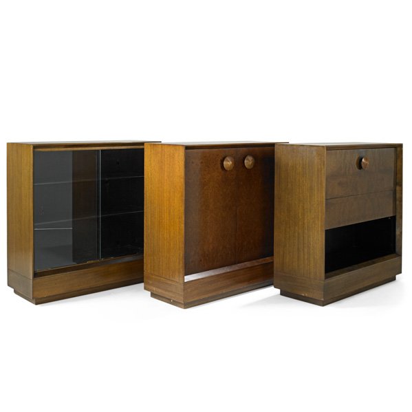 GILBERT ROHDE; HERMAN MILLER: Cabinet, secretary and bookcase, USA, 1940s; Paldao, glass and lacquered wood; Paper label; Each: 42" x 40" x 17"
