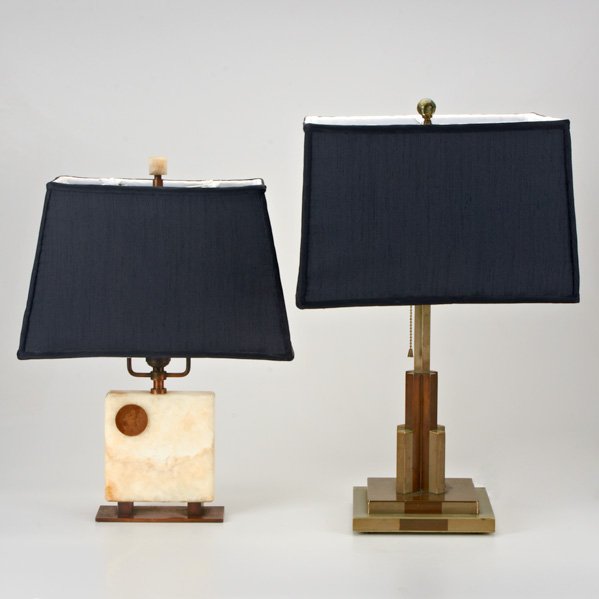 STYLE OF DONALD DESKEY, ETC;: Two modernist table lamps, ca.1930; Onyx, copper, nickeled brass; Unmarked; Larger overall: 23" x 14" sq.