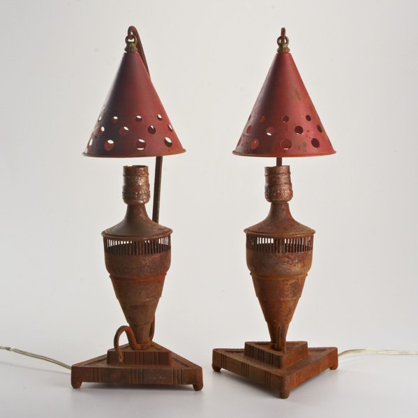 ART DECO: Pair of Persian style table lamps, ca.1930; Cast iron, enameled aluminum; Unmarked; 17 1/2" x 6"