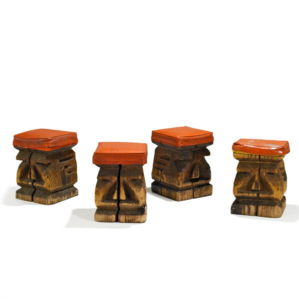 WITCO: Set of four Tiki stools, USA, 1950s; Fir and vinyl; Unmarked; Each: 16" x 12" sq.