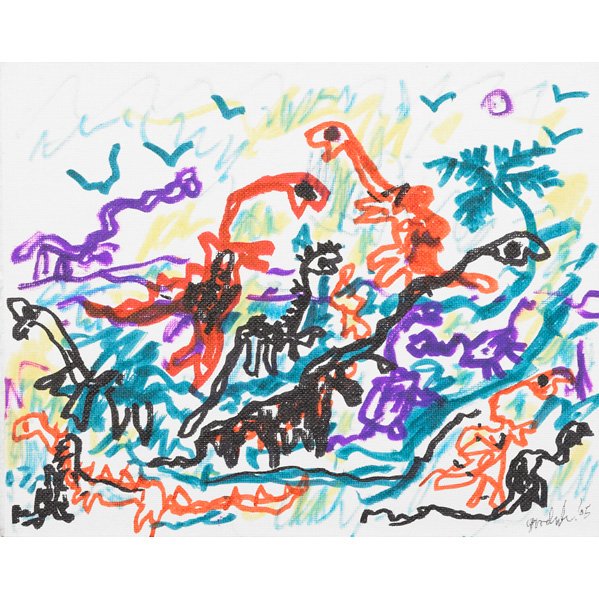 ROBERT GOODNOUGH (American, 1917-2010): Two works of art on artist board: watercolor, "Several Dinosaurs," 2008 and "Christmas Dinosaur," 2008; Both signed, dated and titled; Larger: 8" x 10