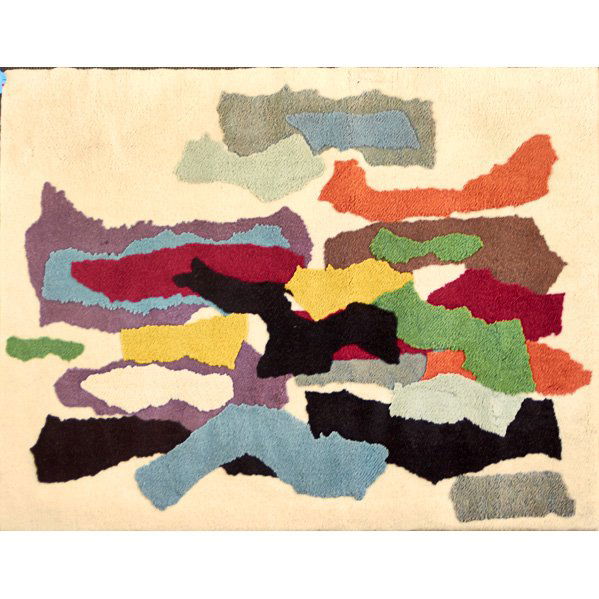 ROBERT GOODNOUGH: Abstract rug with sculpted wool pile, 1960s; Embroidered signature; 84 1/2" x 60"