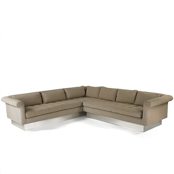 MILO BAUGHMAN; THAYER COGGIN: Sectional sofa, USA, 1970s; Upholstery and aluminum; Unmarked; Overall: 26" x 110 x 100 x 37"
