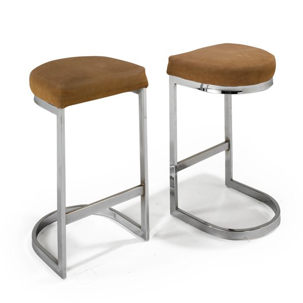 STYLE OF MILO BAUGHMAN: Pair of bar stools, USA, 1970s; Chromed steel and microfiber; Unmarked; Each: 29 1/2" x 17" x 18"