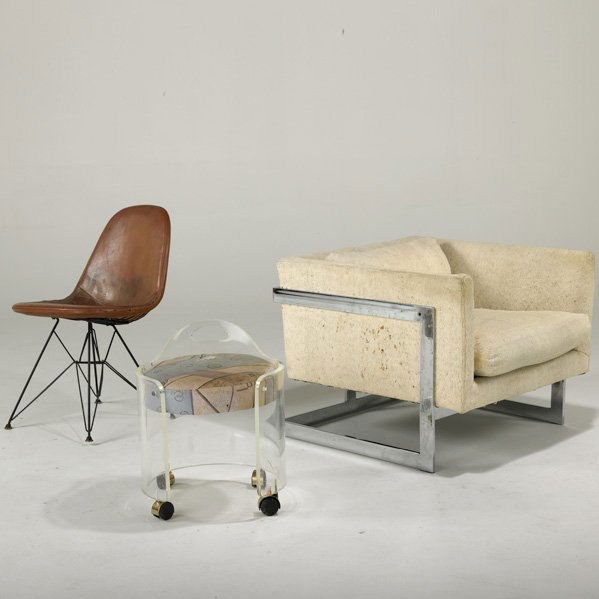 MILO BAUGHMAN; THAYER COGGIN; ETC: Club chair, together with Eames chair and Hill stool, USA; Chromed steel, enameled steel, upholstery, vinyl and Lucite; All with fabric labels; Club chair: 25" x 30" x 32"