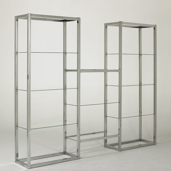 STYLE OF MILO BAUGHMAN: Chrome etagere with glass shelves, USA, 1970s; Unmarked; Overall: 72" x 88" x 13 1/2"