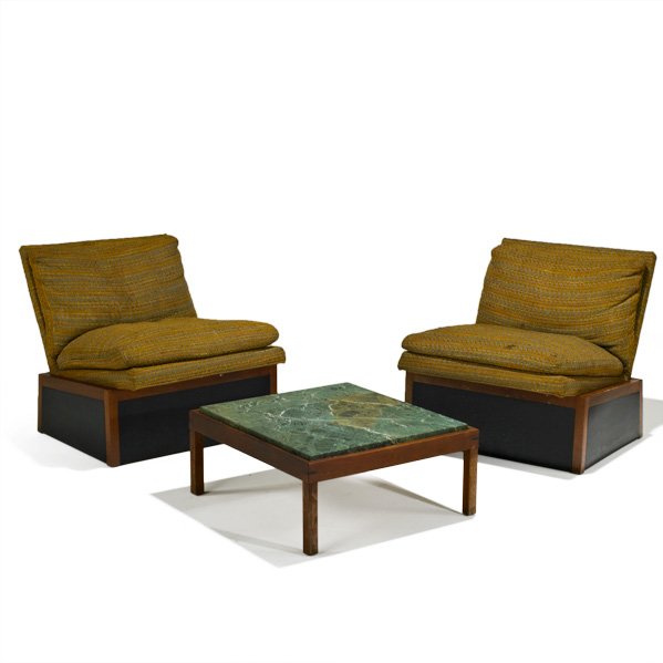 MILO BAUGHMAN; THAYER COGGIN: Pair of lounge chairs and coffee table, High Point, NC, 1950s; Walnut, laminate, marble and upholstery; Fabric label to lounge chairs; Each chair: 27" x 27" x 32"
