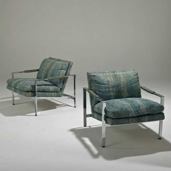 MILO BAUGHNAN; THAYER COGGIN: Pair of lounge chairs, High Point, NC, 1960s; Chromed steel and upholstery; Paper labels; Each: 27"" x 28 1/2" x 31"