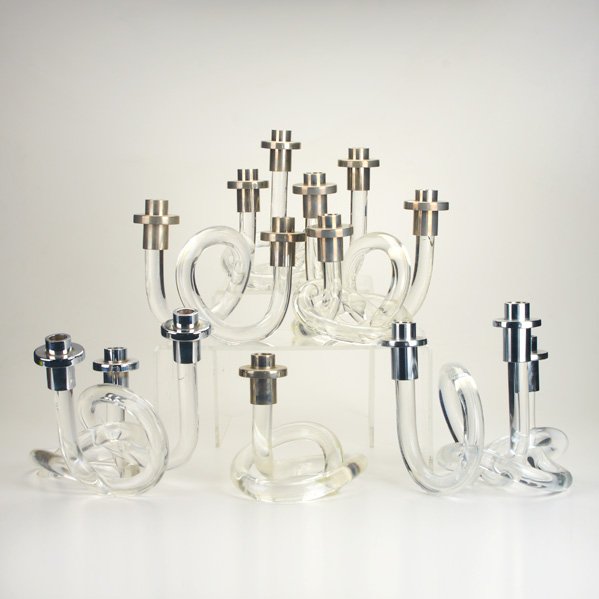 DOROTHY THORPE: Group of six candlesticks, USA, 1950s; Lucite and chrome; Unmarked; Tallest: 9 3/4"