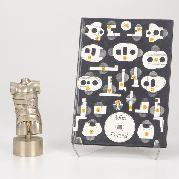 MIGUEL BERROCAL (Spanish, 1933-2006): Erotic figural puzzle sculpture, "Mini David," Spain, 1968; Brass, chrome; Stamped Berrocal 4105; Complete with instruction booklet; 5 1/2" x 2 1/4"