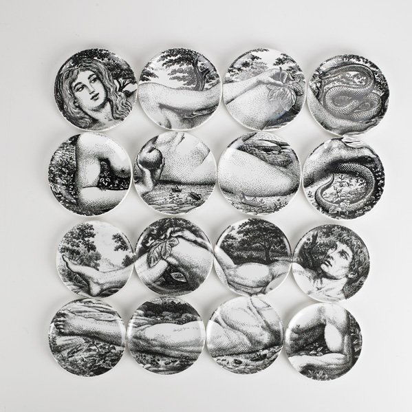 PIERO FORNASETTI: Adam and Eve coaster sets, Italy, 20th c.; Each set contains eight coasters; Marked Fornasetti Italy; Each coaster: 4" dia.