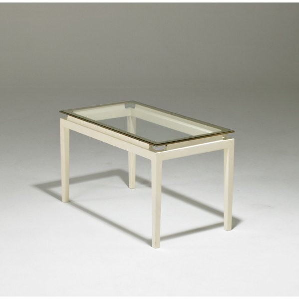 ITALIAN: Coffee table, 1950s; Lacquered wood, glass and brass; Unmarked; 17" x 29 1/2" x 16"
