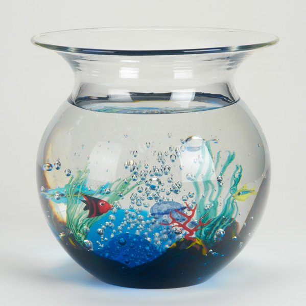 ELIO RAFFAELI: Glass aquarium bowl, Italy, ca. 2000; Engraved signature; 8" x 8 1/4" dia.