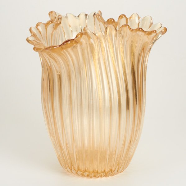 ARCHIMEDE SEGUSO: Large ribbed and pinched glass vase with cased gold leaf, Italy, ca.1960; Engraved signature Archimede Seguso Murano; 12" x 11" x 10"