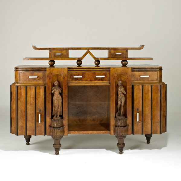 ITALIAN ART DECO: Sideboard, 1920s; Burled walnut, lacquered wood, aluminum and horn; Unmarked; 51" x 75" x 26"