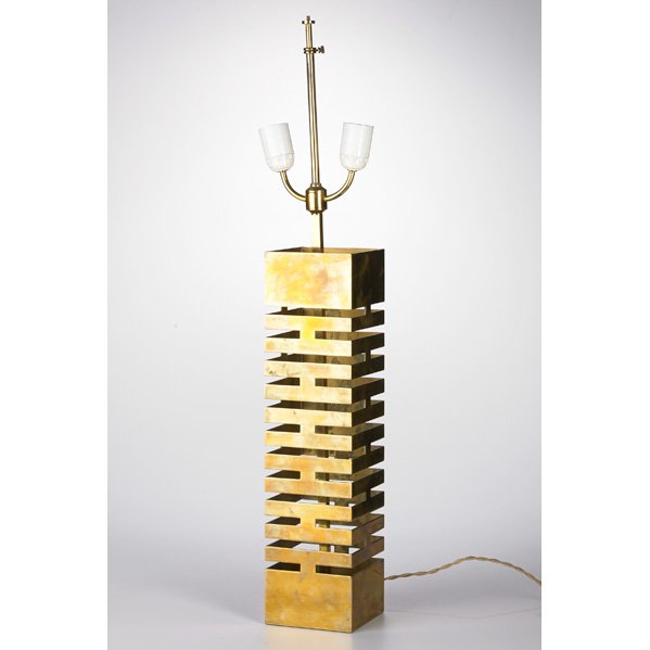 MAX SAUZE: Reticulated brass table lamp, France, 1960s; Unmarked; Base: 19" x 5" sq.