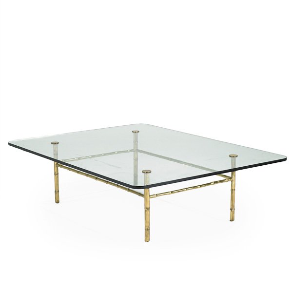MAISON BAGUES: Large coffee table, France, 1950s, Solid brass and glass; Unmarked; 16" x 58" x 44"