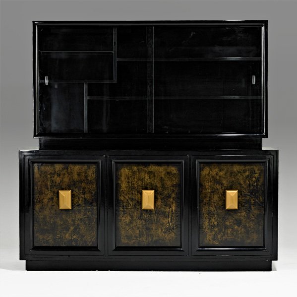 JAMES MONT: Cabinet, New York, 1960s; Lacquered and gilt wood, leather, glass; Unmarked; 70 1/4" x 72" x 18 1/4"