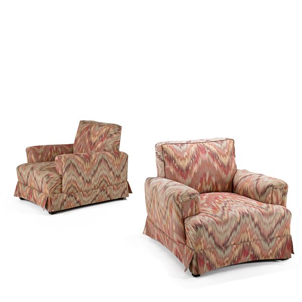 JAMES MONT: Pair of club chairs, USA, 1960s; Patterned upholstery; Unmarked; Each: 30" x 35" x 36"