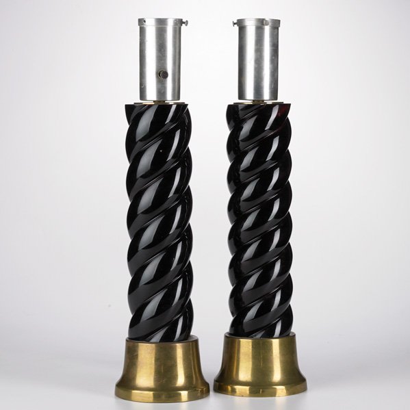 JAMES MONT: Pair of table lamps, New York, 1940s; Stained and lacquered wood, brass, aluminum; Unmarked; Each: 22 1/2" x 5 1/2" dia.