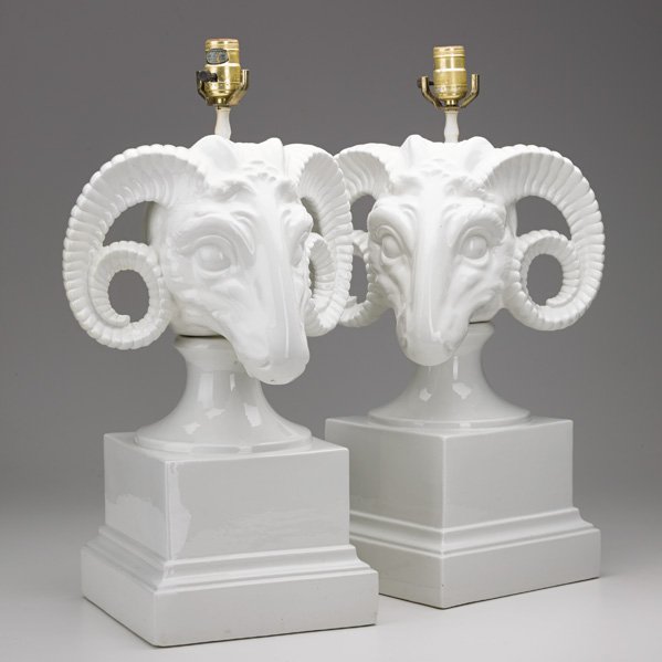 ITALIAN-STYLE: Pair of ram's head table lamps, ca. 1960s or 70s; Unmarked; 18 1/2" x 9" sq.