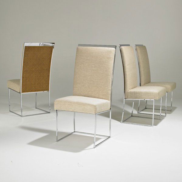 MILO BAUGHMAN; THAYER COGGIN: Set of four high-back dining chairs, High Point, NC, ca. 1970; Chromed steel, cane and linen upholstery; Unmarked; Each: 43" x 20" x 23"
