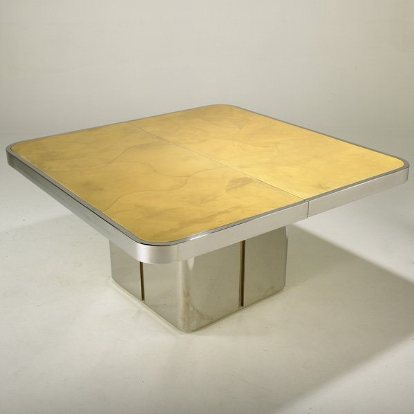 BRUETON: Dining table, USA, 1970s; Lacquered parchment, stainless steel and chromed steel; Unmarked; 30" x 60" sq., two leaves each: 20"