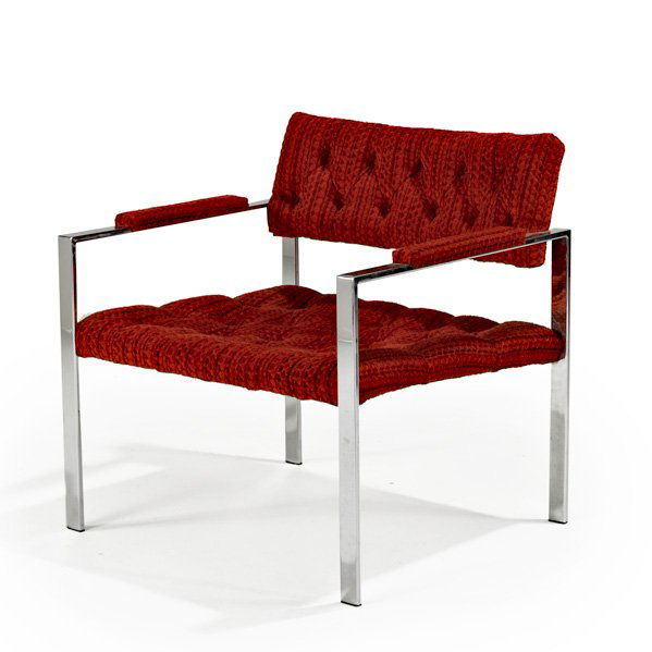 MILO BAUGHMAN; THAYER COGGIN: Lounge chair, 1970; Tufted upholstery and chromed steel Unmarked; 29" x 28 1/2" x 26"