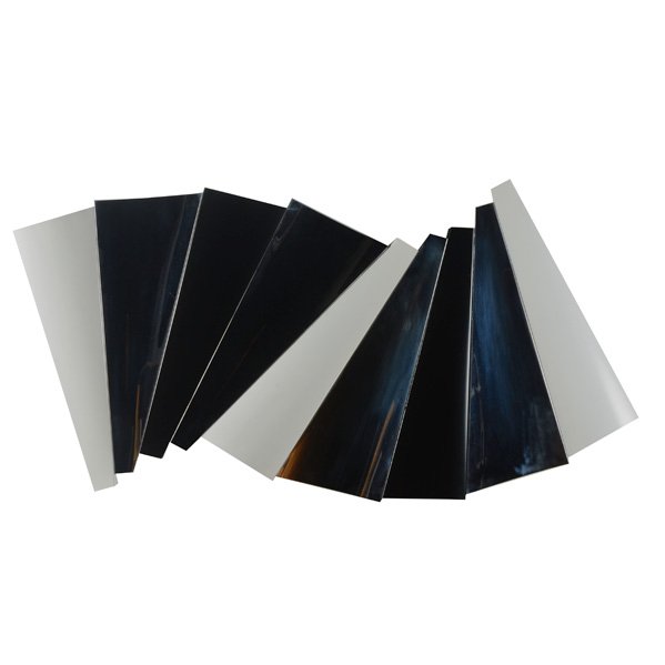 C. JERE; ARTISAN HOUSE: "Outfold" wall sculpture, Los Angeles, 1960s; Chrome, brass, enameled metal, Hanging tag; Overall: 28" x 56"