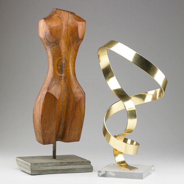 MODERNIST SCULPTURES: Two table pieces, ca.1980; Carved wood, slate, brass, acrylic; Brass sculpture signed Dan Murphy 1980; Taller: 24"